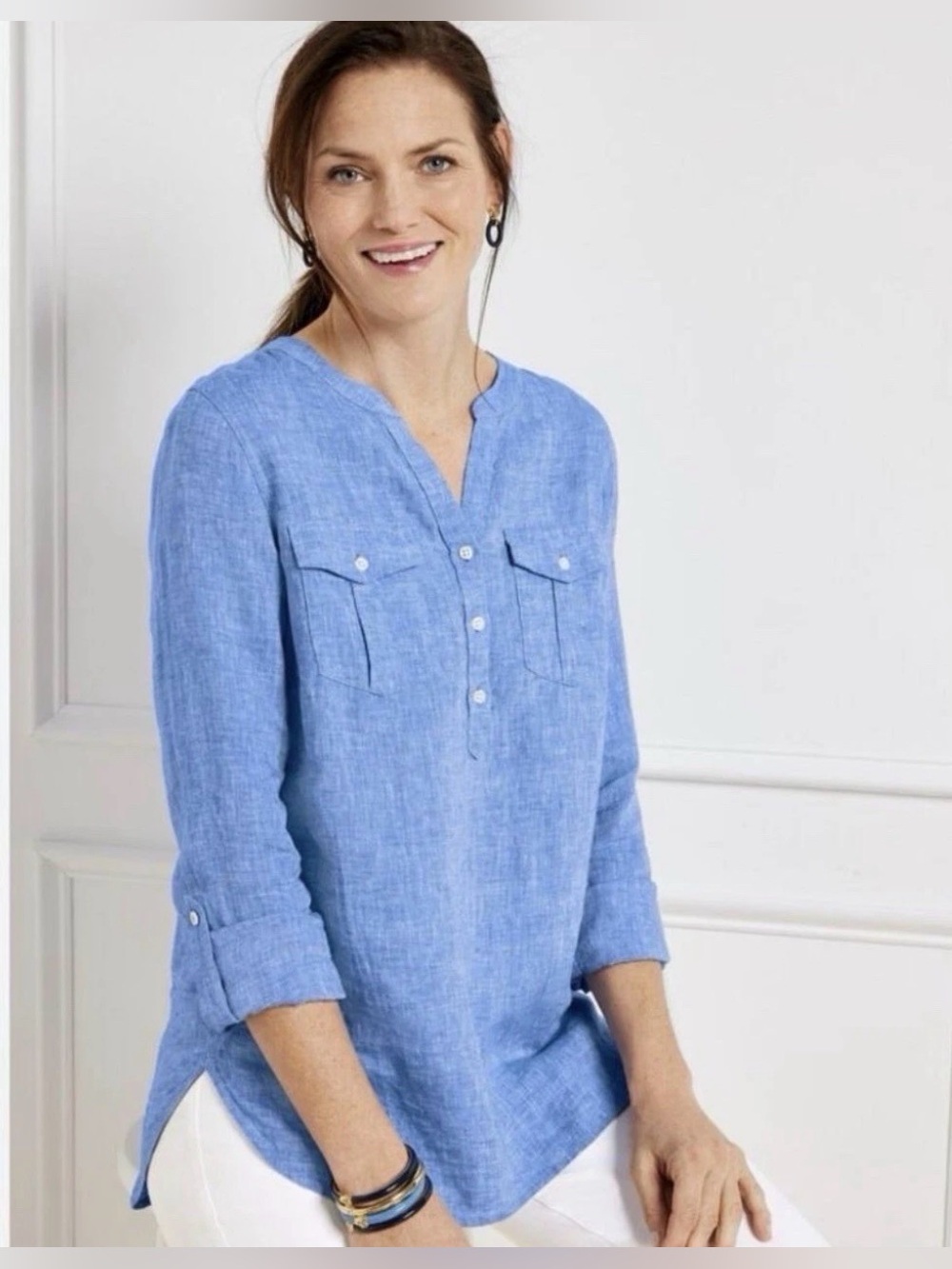Talbots light blue 100% linen popover shirt with button-tab sleeves size large